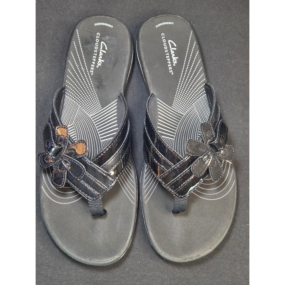 Clarks Cloudsteppers Breeze Sea Black Patent Floral Flip Flop Sandals‎ Womens 10